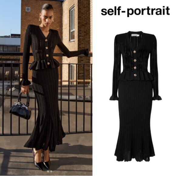 Self-Portrait Knit Peplum Midi Dress – Size M (SS25-162M-B)